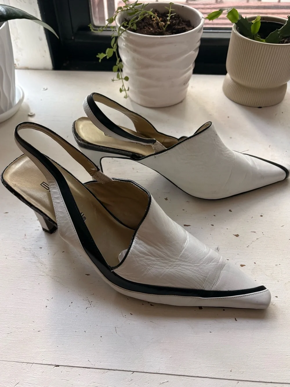 White and Black Leather Slingback Heels - Women's Fashion Pump